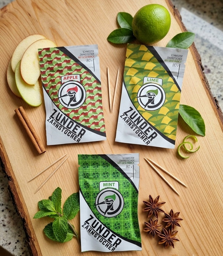 3 x Zunder Zahnstocher mit Geschmack Apple Lime Mint