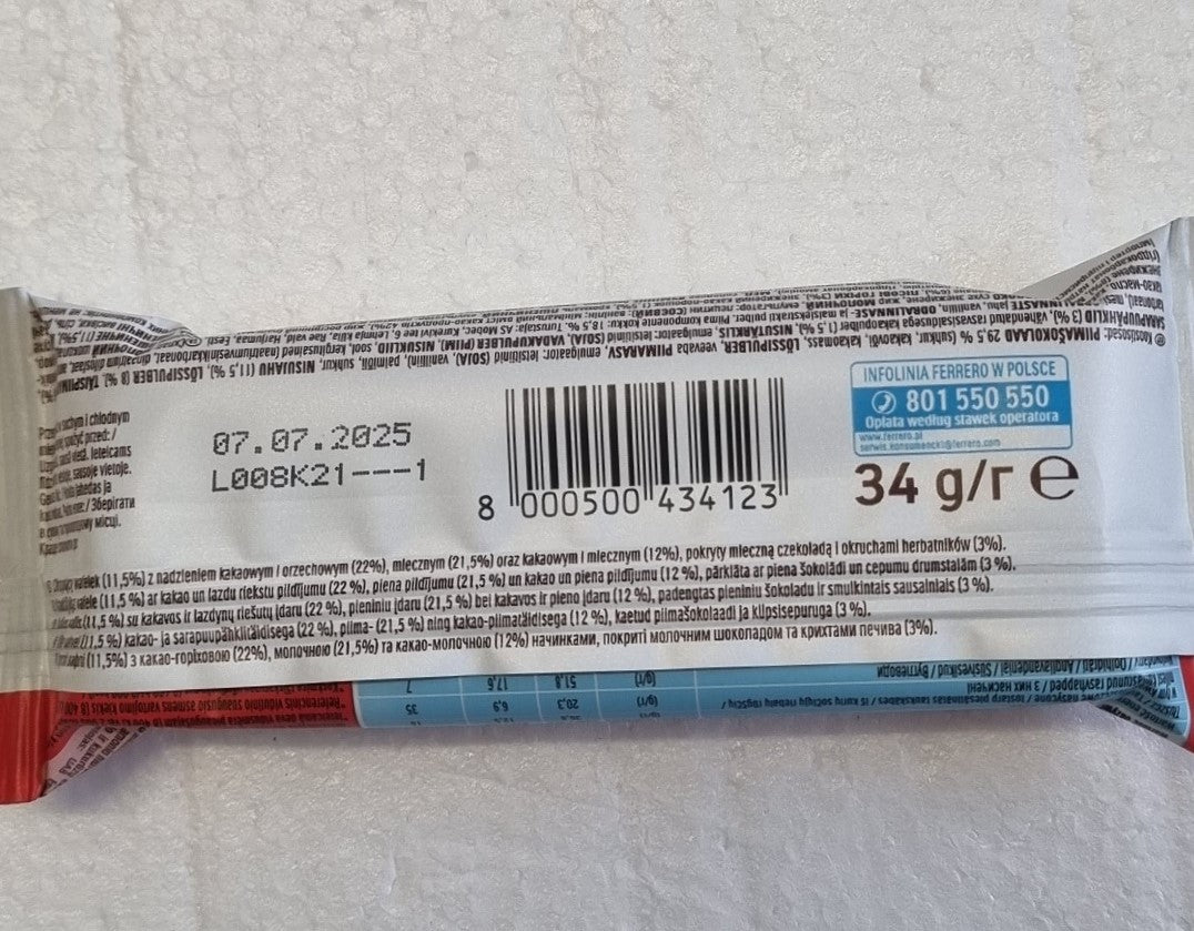 Kinder Crispy Riegel Milchschokolade 34g knusprige und cremiger Keks und Milchcreme