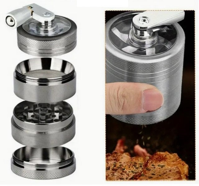 Grinder mit Kurbel Gewürzmühle Kräutermühle Crusher Silber 40 mm