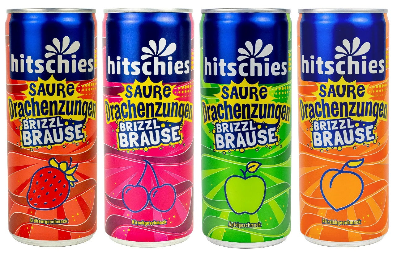 4 x Hitschies saure Drachenzungen brizzl Brause Erdbeere Kirsch Apfel Pfirsich Getränk (inkl. 0,25€ Pfand)