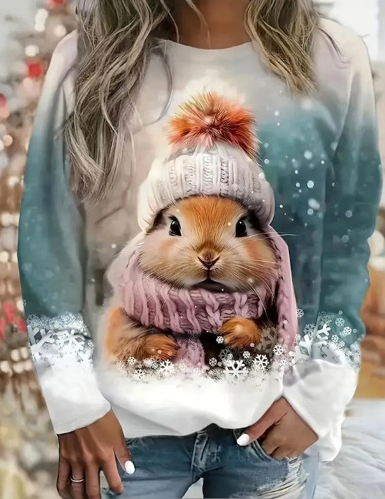 Damen Pullover Hase Schnee Rundhals Print Plus Size Langarm