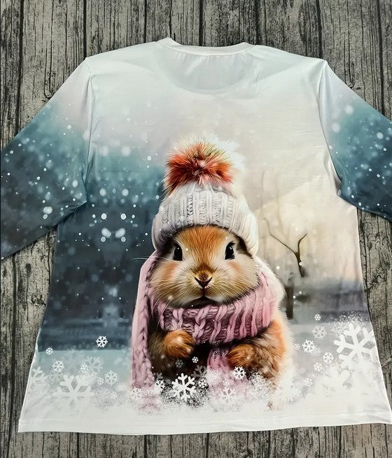 Damen Pullover Hase Schnee Rundhals Print Plus Size Langarm