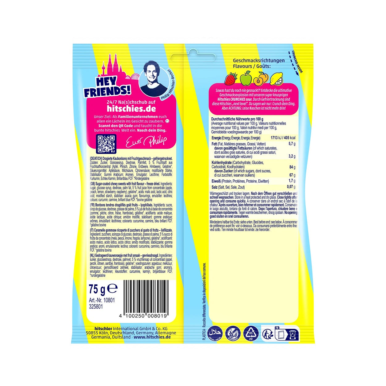Hitschies Crunchies Sour Mix 75g gefriergetrocknete Hitschies Sour Mix Dragierte Kaubonbons mit Fruchtgeschmack Edbeere, Apfel, Zitrone & Pfirsich
