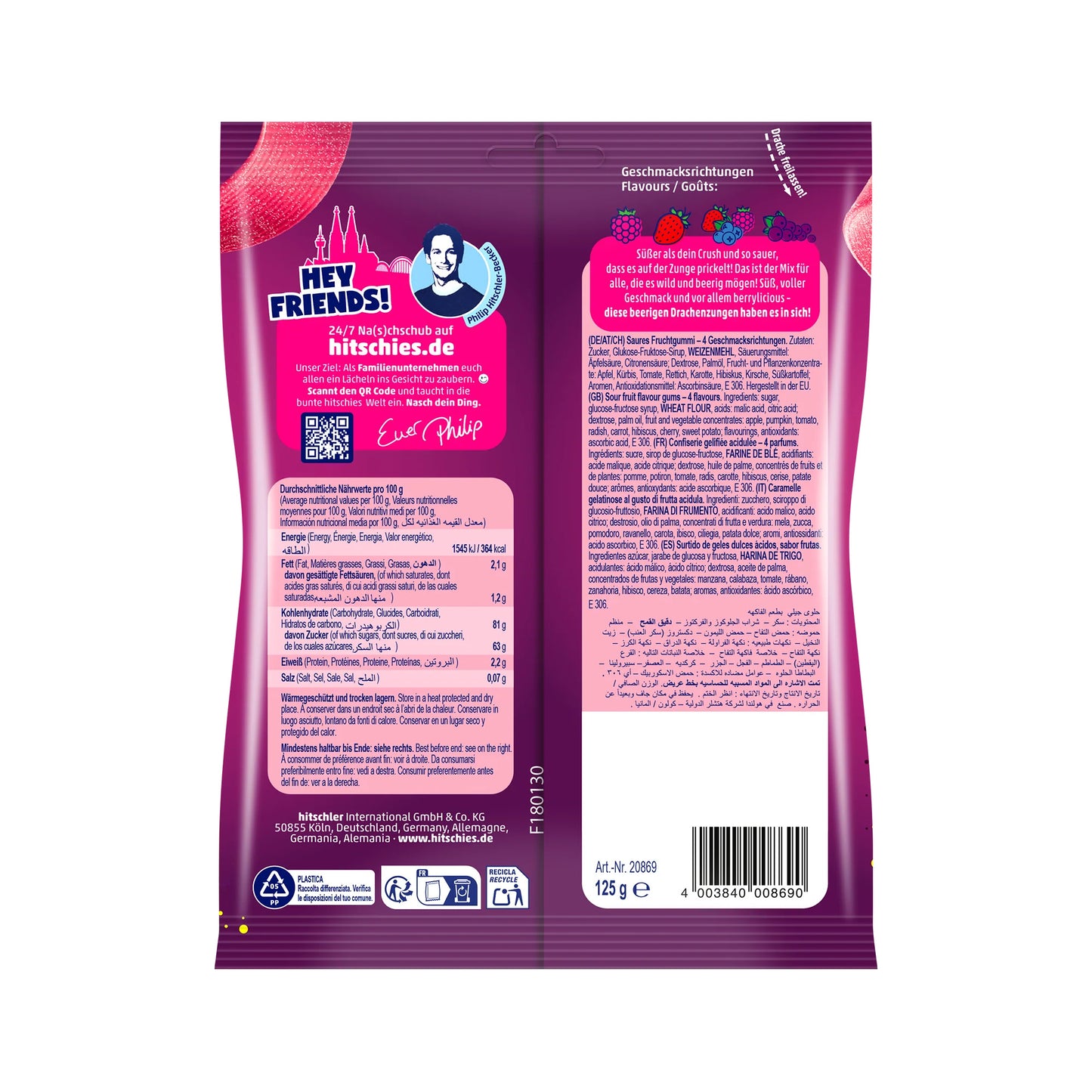 Hitschies Saure Drachenzungen Berry Mix Fruchtgummibänder 125g