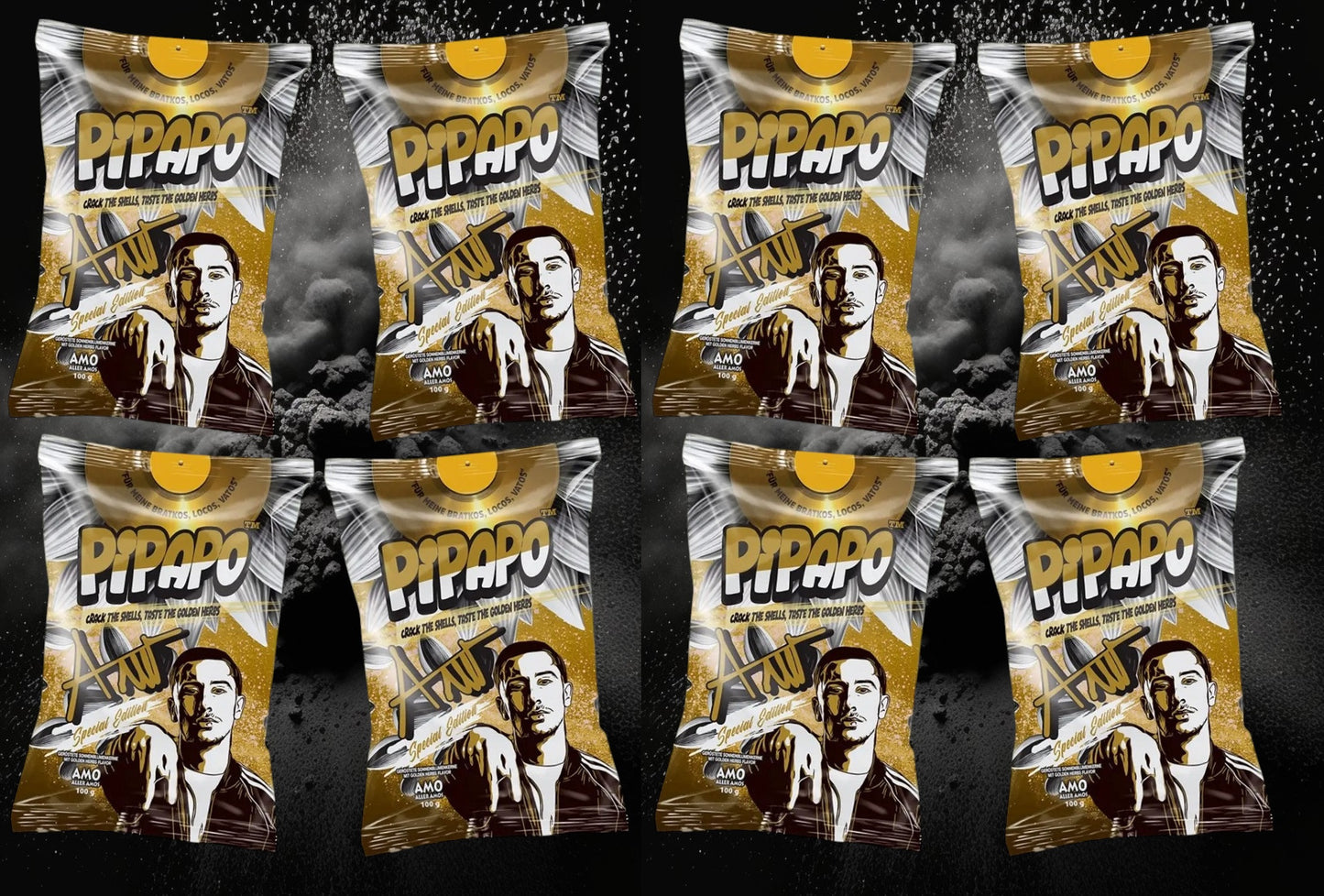 8 x Rapper Amo‘s Pipapo Sonnenblumenkerne Gold Edition geröstet Golden Herbs Flavor