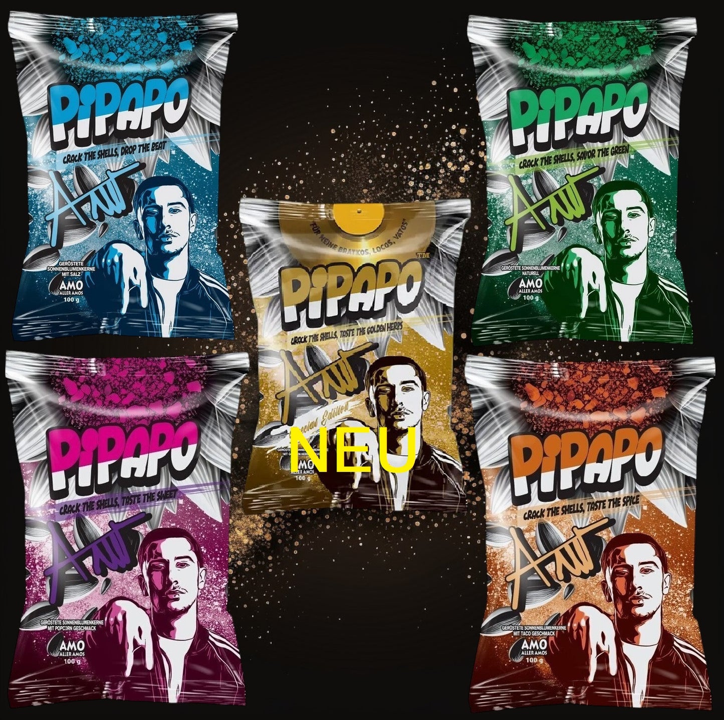 5 x Rapper Amo‘s Pipapo geröstete Sonnenblumenkerne Salzig Naturell Gold Edition Taco Popcorn