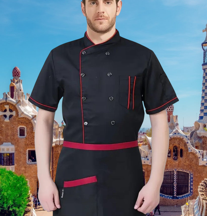 Herren Kochjacke Stehkragen, Kurzarm mit Tasche - Schwarz & Rot Köche Kellner