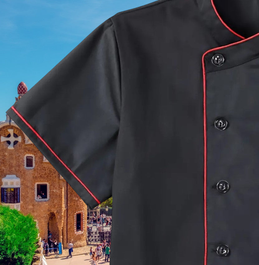 Herren Kochjacke Stehkragen, Kurzarm mit Tasche - Schwarz & Rot Köche Kellner