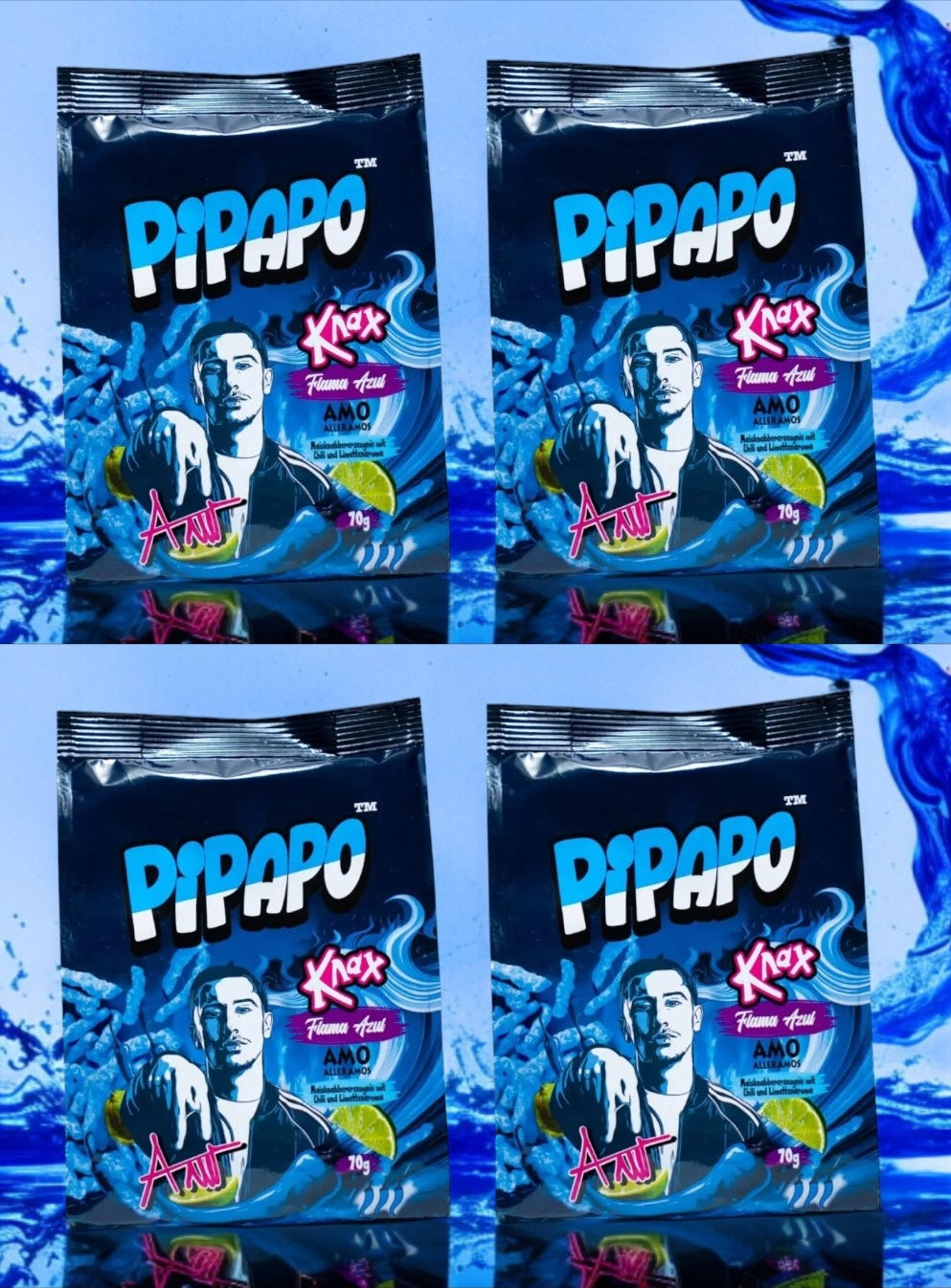 4 x PIPAPO AMO Knax Chips Flama Azul ( blau ) Mais Snack