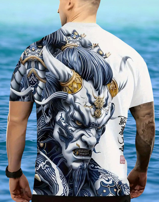 T Shirt Herren Japanischer Dämonen Grafik Oni Design Blau & Weiß Größe L