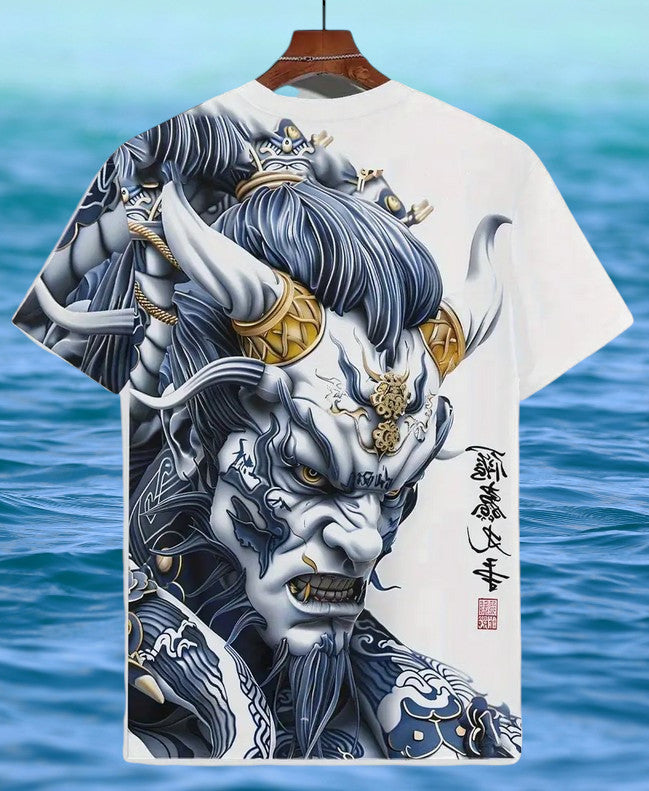 T Shirt Herren Japanischer Dämonen Grafik Oni Design Blau & Weiß Größe L