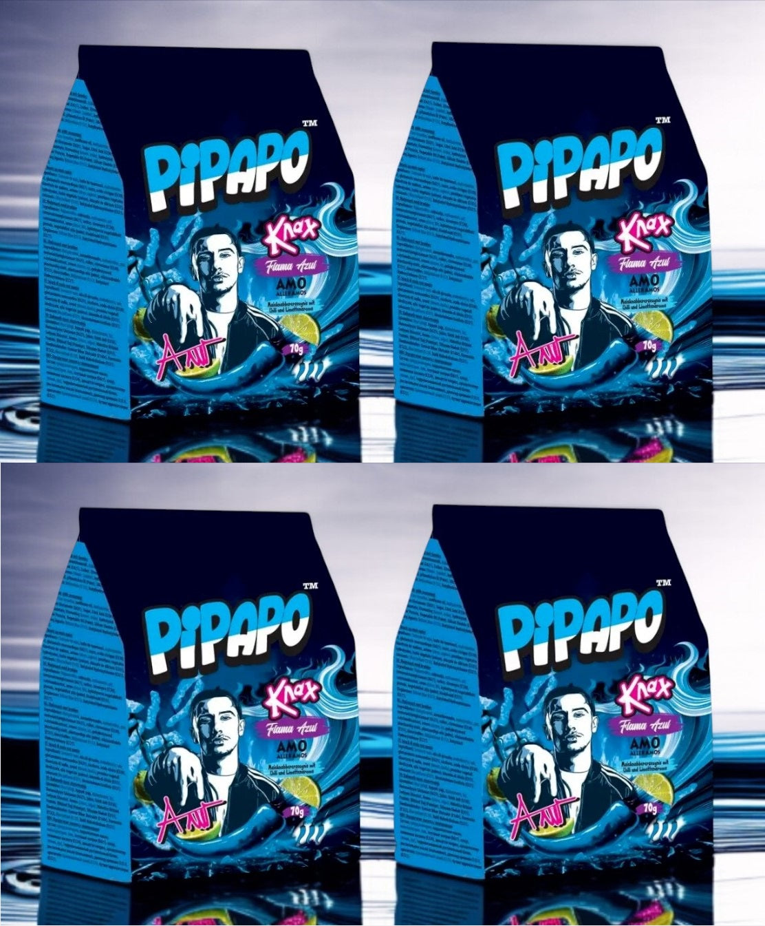 4 x PIPAPO AMO Knax Chips Flama Azul ( blau ) Mais Snack
