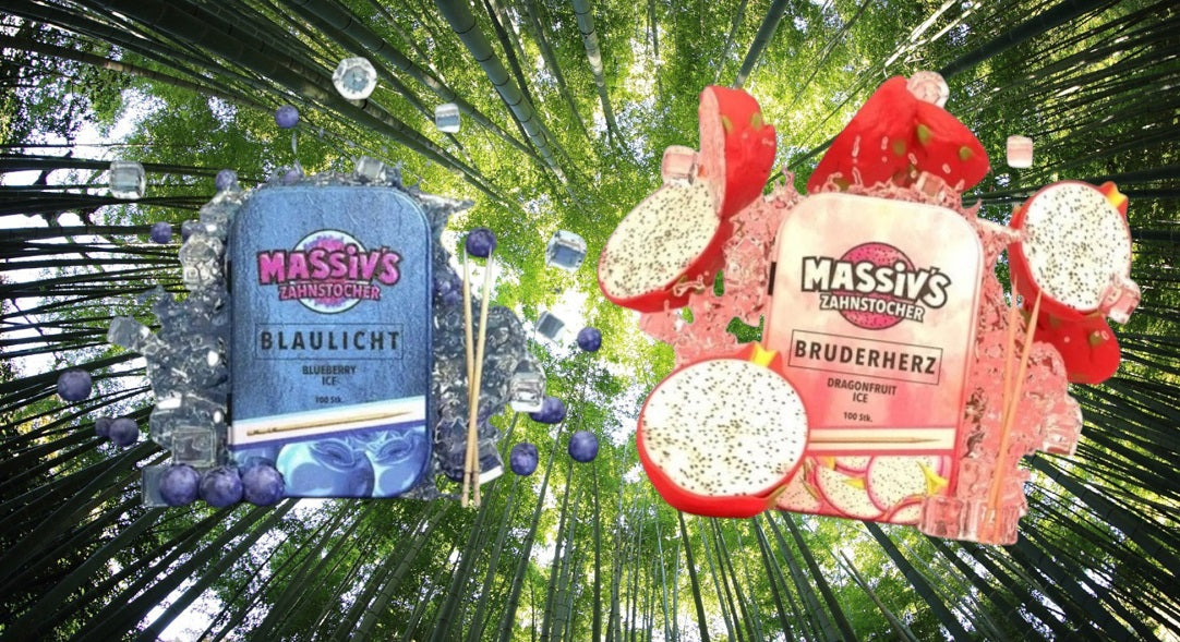2 x Massiv's Zahnstocher mit Geschmack Blueberry Ice & Dragonfruit Ice - 100 Zahnstocher in Metallbox