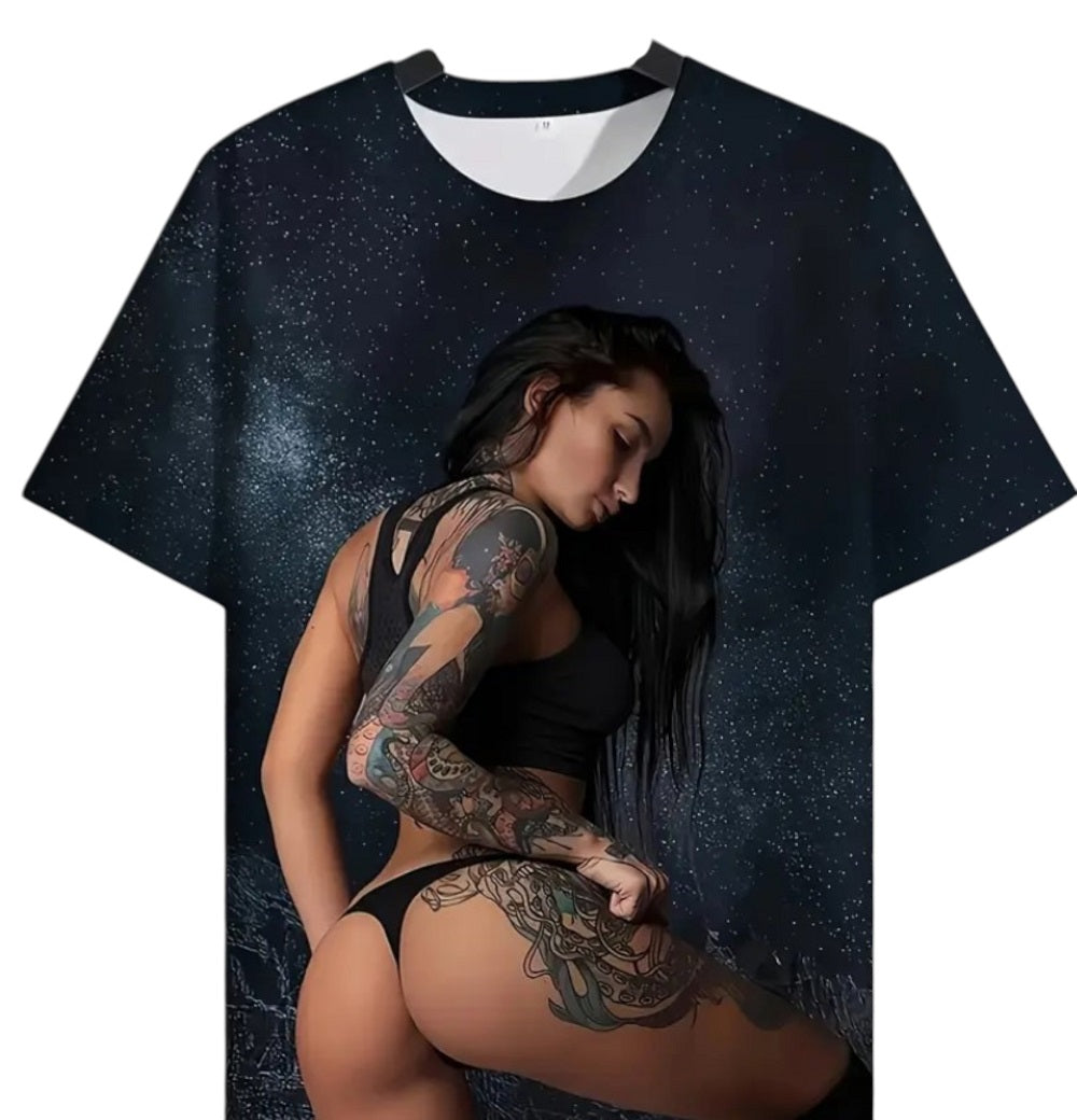 T Shirt 3D Druck Sexy Frau mit Tattoo Sternennacht Grafik kurzarm Größe 2XL Übergröße
