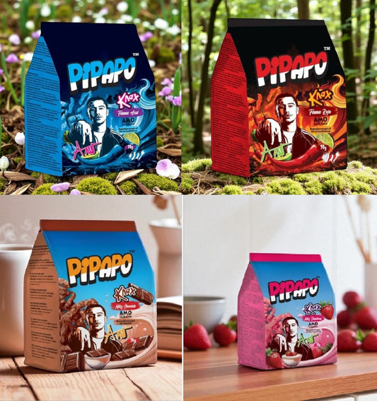 4 x PIPAPO AMO Knax Chips Flama Azul , Flama Roja , Milky Chocolate , Milky Strawberry