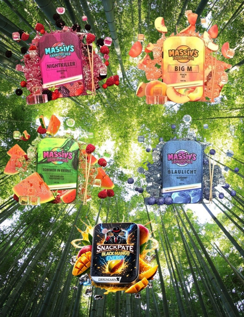 Bundle 5x Zahnstocher 4x Massiv Geschmack Water, Blue + 1x Snackpate Ehrenzahn Mango Energy