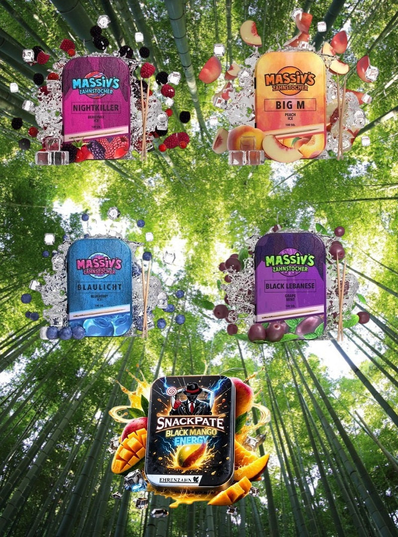 Bundle 5x Zahnstocher 4x Massiv Geschmack Berrymix Peach + 1x Snackpate Ehrenzahn Mango Energy