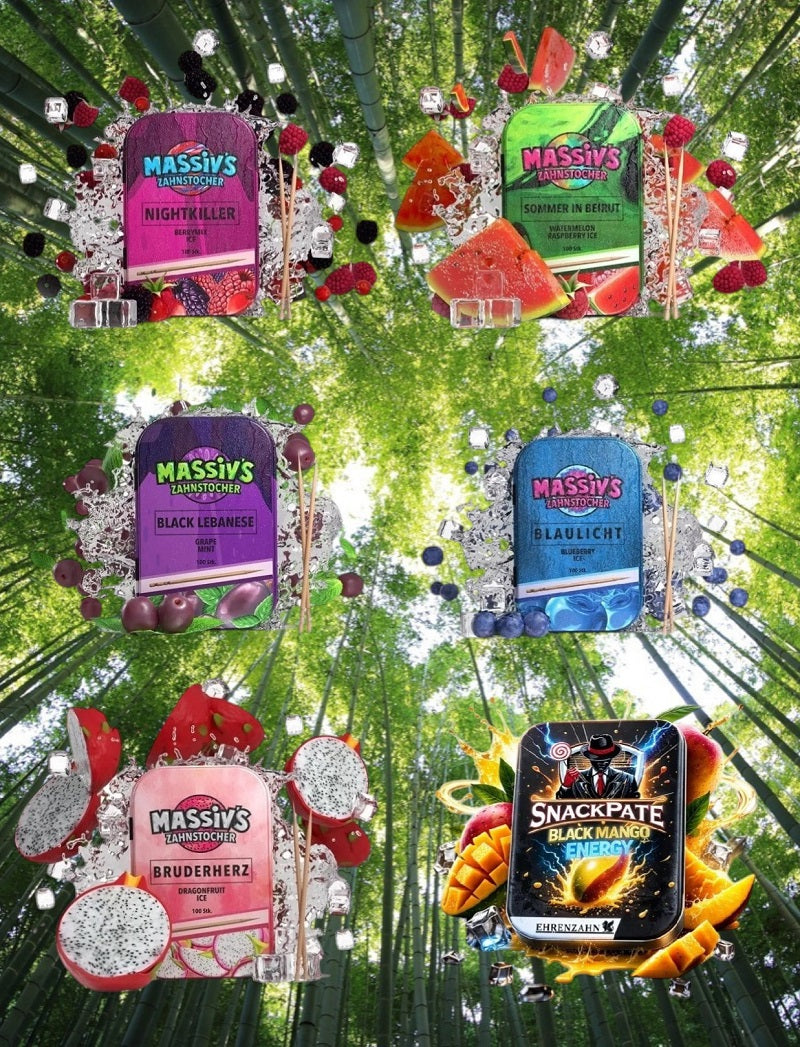 Bundle 6x Zahnstocher 5x Massiv Geschmack Blue, Dragon + 1x Snackpate Ehrenzahn Mango Energy