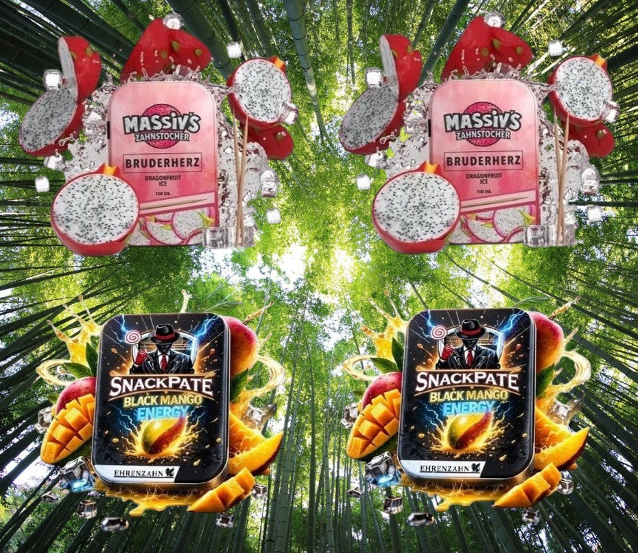 Bundle 4x Zahnstocher 2x Massiv Geschmack Dragonfruit + 2x Snackpate Ehrenzahn Mango Energy