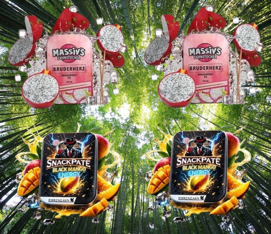 Bundle 4x Zahnstocher 2x Massiv Geschmack Dragonfruit + 2x Snackpate Ehrenzahn Mango Energy