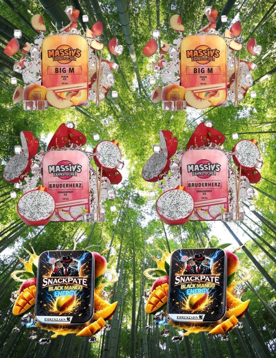 Bundle 6x Zahnstocher 4x Massiv Geschmack Peach , Dragonfruit + Snackpate Ehrenzahn Mango Energy