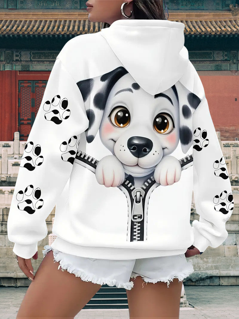 Weißer Hoodie Damen Kapuzen Sweatshirt Kordelzug und Kängurutasche Hund 3 XL