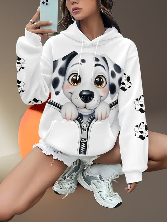 Weißer Hoodie Damen Kapuzen Sweatshirt Kordelzug und Kängurutasche Hund 3 XL
