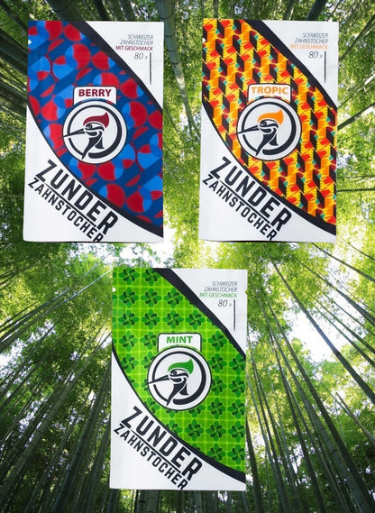 3 x Zunder Zahnstocher mit Geschmack Cherry Tropic Mint je 80 Stück im Refill Bag