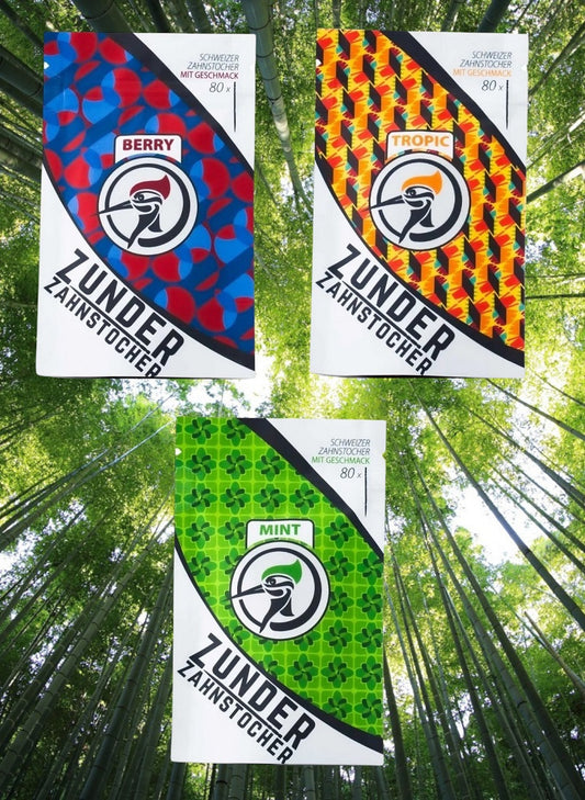 3 x Zunder Zahnstocher mit Geschmack Cherry Tropic Mint je 80 Stück im Refill Bag