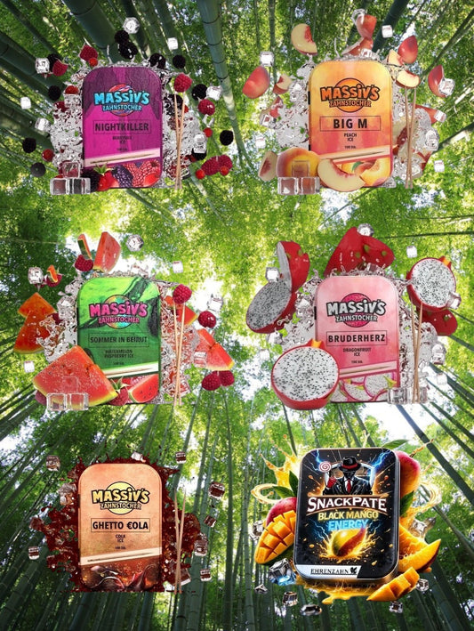 Bundle 6x Zahnstocher 5x Massiv Geschmack Berry, Peach, Cola + 1x Snackpate Ehrenzahn Mango Energy