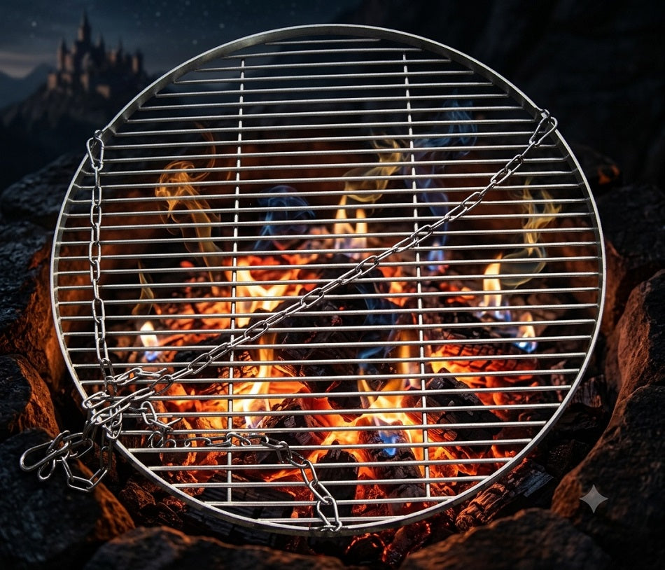 70 cm Edelstahl Grillrost 6 mm Stäbe + Kette ideal für Feuerschale Dreibein