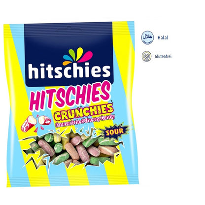 Hitschies Crunchies Sour Mix 75g gefriergetrocknete Hitschies Sour Mix Dragierte Kaubonbons mit Fruchtgeschmack Edbeere, Apfel, Zitrone & Pfirsich