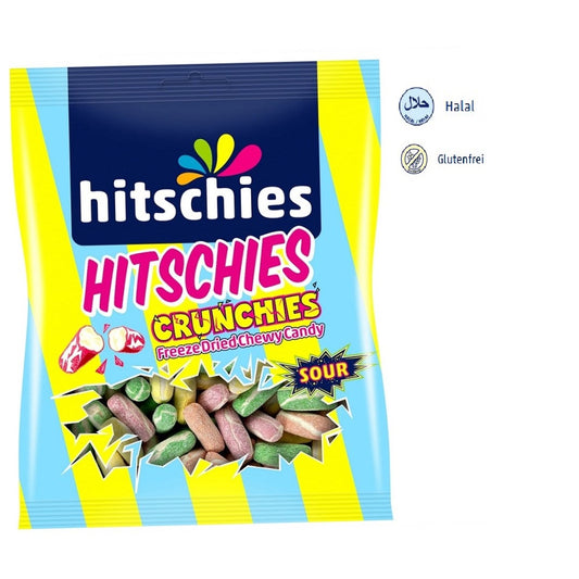 Hitschies Crunchies Sour Mix 75g gefriergetrocknete Hitschies Sour Mix Dragierte Kaubonbons mit Fruchtgeschmack Edbeere, Apfel, Zitrone & Pfirsich