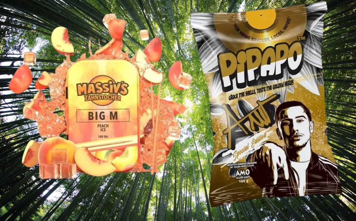 Bundle Massiv's Zahnstocher Geschmack Peach + GRATIS Pipapo Amo Sonnenblumenkerne Golden Herbs
