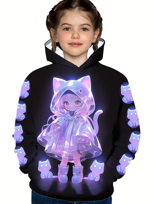 Niedlicher Anime-Mädchen und Katze 3D Muster Hoodie