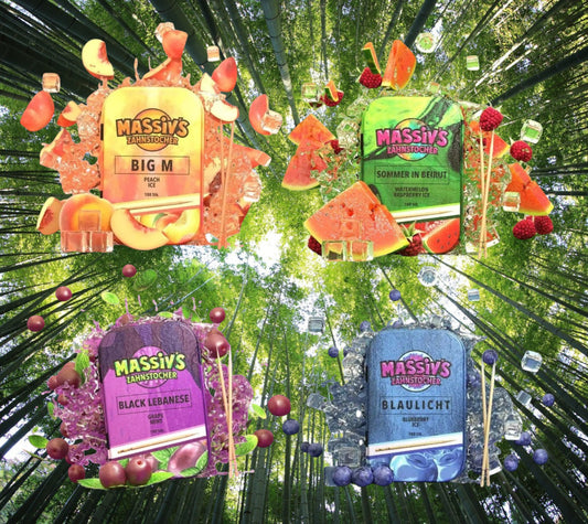 4 x Massiv's Zahnstocher mit Geschmack Peach , Watermelon Raspberry , Grape Mint , Blueberry Ice
