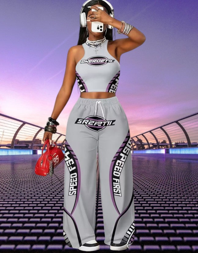 Träger Top Hose Freizeit Set Rennsport Stil Schriftzug Aufdruck Speed Größe L