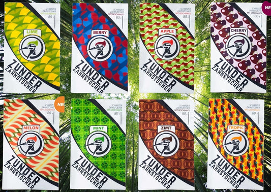 8 x Zunder Zahnstocher mit Geschmack Lime Berry Apple Cherry Melon Mint Zimt Tropic