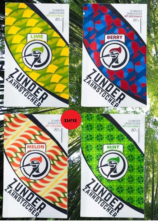4 x Zunder Zahnstocher mit Geschmack Lime , Berry , Melon  , Mint