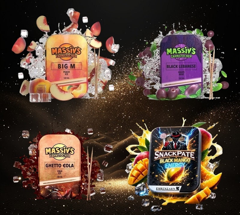 Bundle 4x Zahnstocher 3x Massiv Geschmack Peach, Grape, Cola  + 1x Snackpate Ehrenzahn Mango Energy