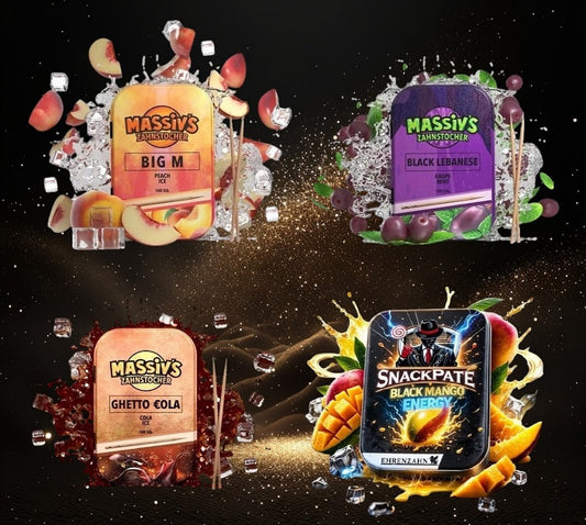 Bundle 4x Zahnstocher 3x Massiv Geschmack Peach, Grape, Cola  + 1x Snackpate Ehrenzahn Mango Energy