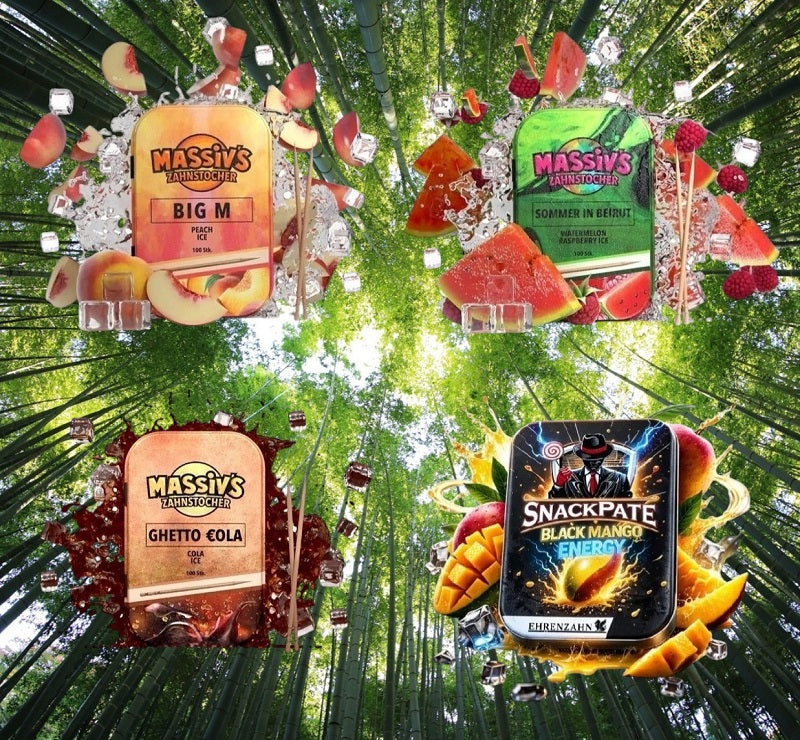 Bundle 4x Zahnstocher 3x Massiv Geschmack Peach, Water, Cola + 1x Snackpate Ehrenzahn Mango Energy