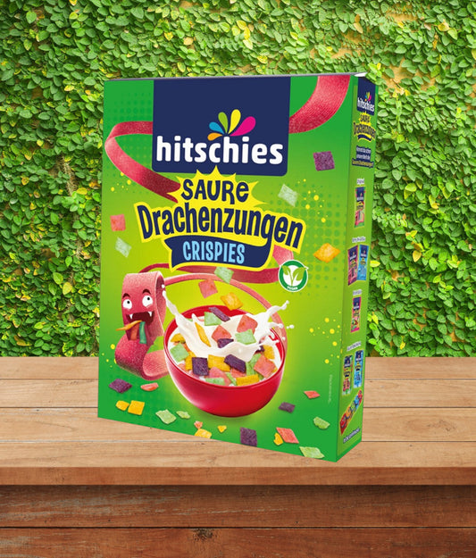 Hitschies Saure Drachenzungen Crispies 270g Frühstückscerealien Sorten-Mix aus Erdbeere, Apfel, Pfirsich & Kirsche