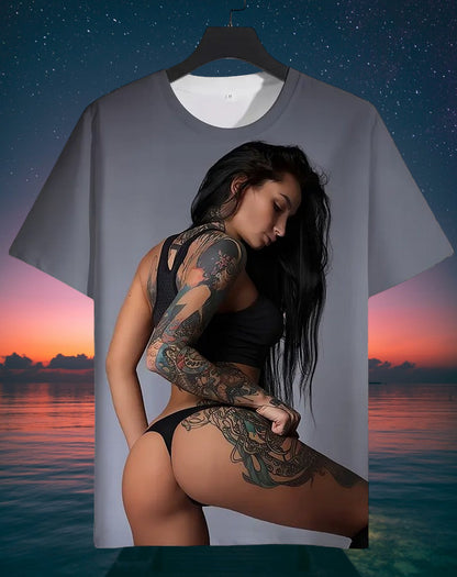 T Shirt 3D Druck Sexy Frau mit Tattoo Grafik kurzarm Größe L grau