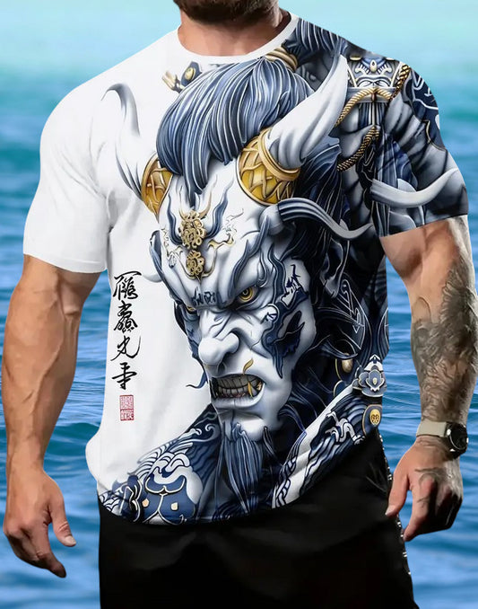 T Shirt Herren Japanischer Dämonen Grafik Oni Design Blau & Weiß Größe L