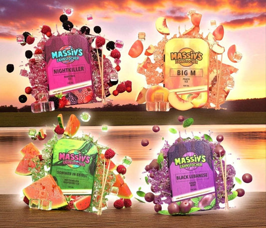 4 x Massiv's Zahnstocher Geschmack Berrymix , Peach , Watermelon Raspberry , Grape Mint