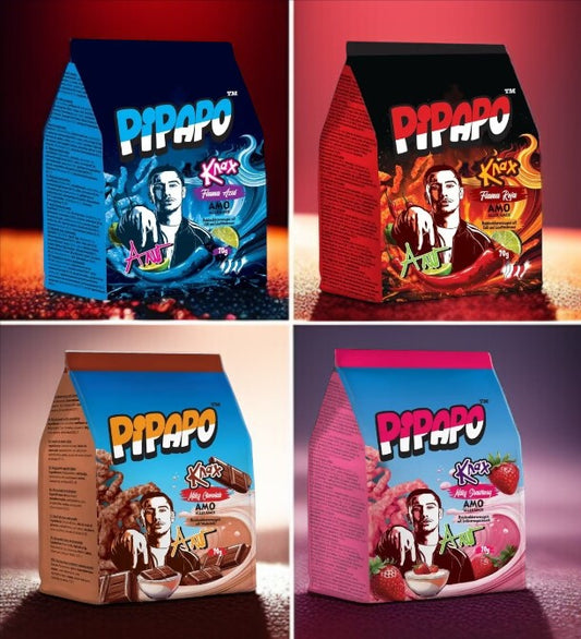 Auswahl PIPAPO AMO Knax Chips Flama Azul , Flama Roja , Milch Schokolade , Erdbeer