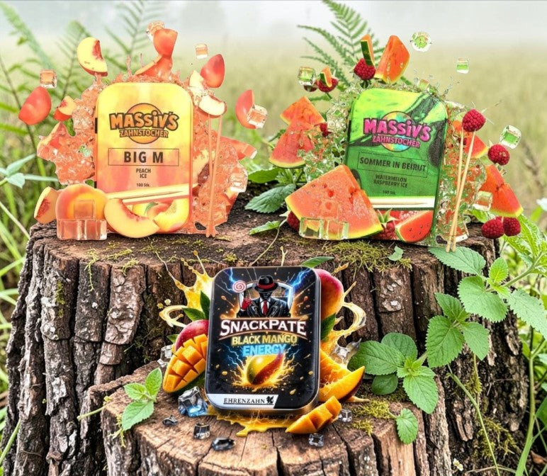 Bundle Massiv's Zahnstocher Geschmack Peach , Watermelon + Ehrenzahn Mango Energy Snackpate