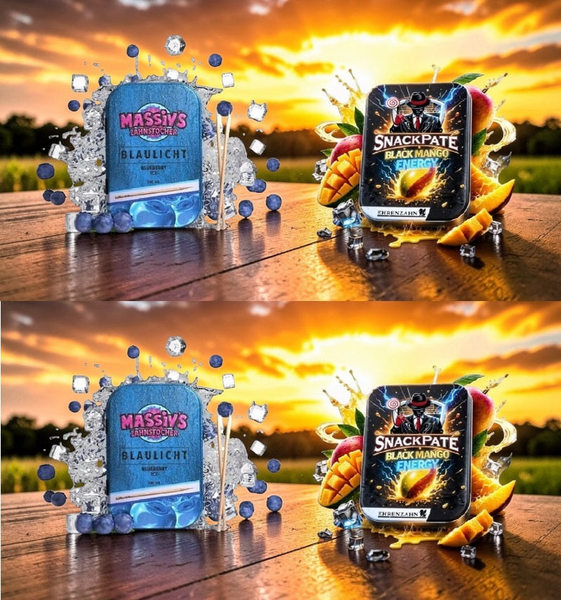Bundle 4x Zahnstocher 2x Massiv Geschmack Blueberry + 2x Snackpate Ehrenzahn Mango Energy