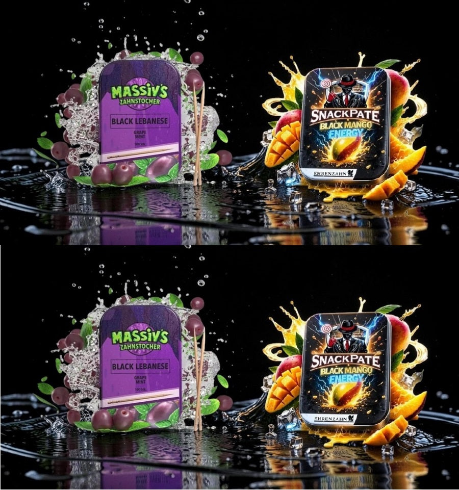 Bundle 4x Zahnstocher 2x Massiv Geschmack Grape Mint + 2x Snackpate Ehrenzahn Mango Energy